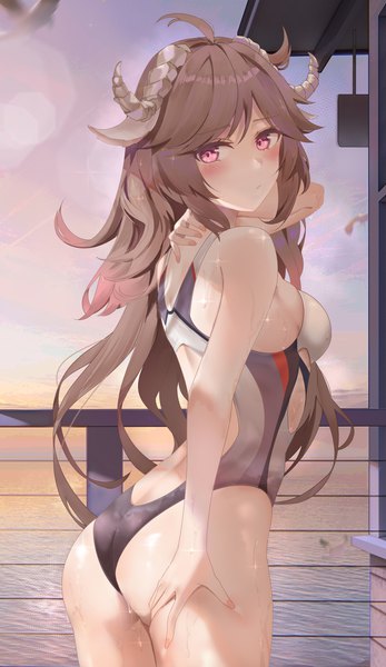 Anime picture 2600x4500 with arknights eyjafjalla (arknights) ru zhai single long hair tall image looking at viewer blush fringe highres breasts light erotic brown hair standing sky cloud (clouds) ahoge outdoors ass pink eyes
