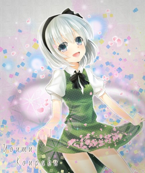 Anime picture 1191x1417 with touhou konpaku youmu tika (mika4975) single tall image looking at viewer blush short hair open mouth blue eyes silver hair puffy sleeves character names girl dress skirt ribbon (ribbons) hair ribbon petals skirt set