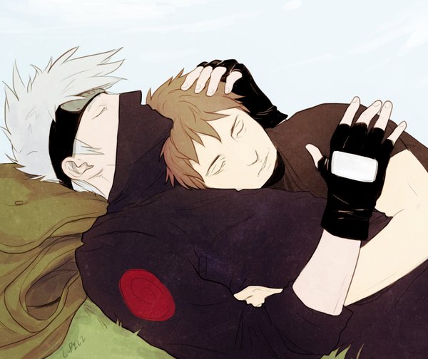 Anime picture 1780x1498 with naruto studio pierrot naruto (series) hatake kakashi yamato (naruto) l.pilz highres short hair open mouth brown hair signed sky lying eyes closed profile grey hair multiple boys teeth hug hand on head