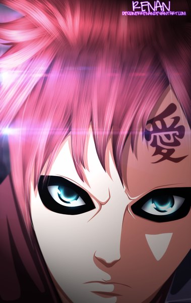 Anime picture 772x1220 with naruto studio pierrot naruto (series) gaara designerrenan single tall image short hair blue eyes pink hair tattoo coloring light close-up face jinchuriki boy