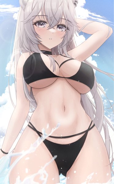 Anime picture 2410x3883 with virtual youtuber hololive shishiro botan mofu07519 single long hair tall image looking at viewer blush fringe highres breasts light erotic hair between eyes large breasts standing green eyes animal ears sky silver hair