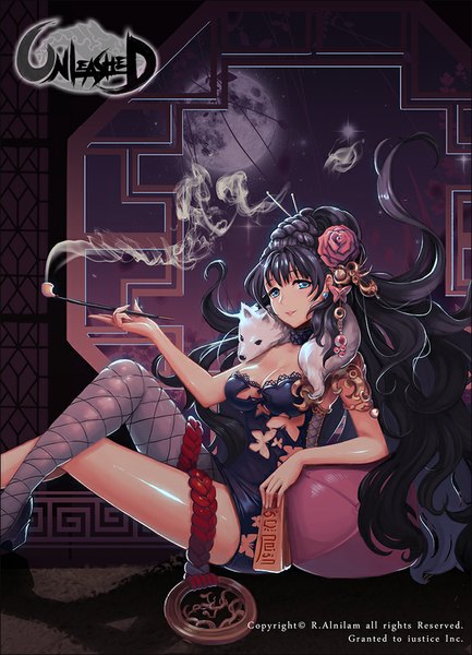Anime picture 700x970 with unleashed r.alnilam single long hair tall image looking at viewer fringe breasts blue eyes light erotic black hair crossed legs smoke girl dress hair ornament animal moon full moon