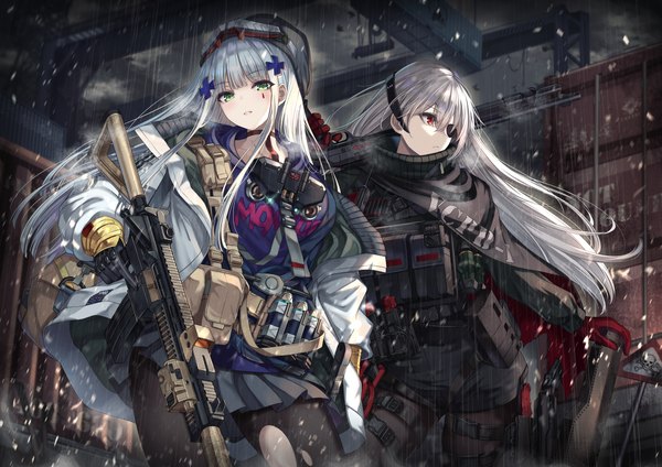 Anime picture 2500x1767 with girls frontline girls' frontline neural cloud hk416 (girls frontline) evelyn (neural cloud) clukay (neural cloud) cenangam long hair looking at viewer fringe highres hair between eyes red eyes standing multiple girls green eyes silver hair outdoors blunt bangs parted lips pleated skirt