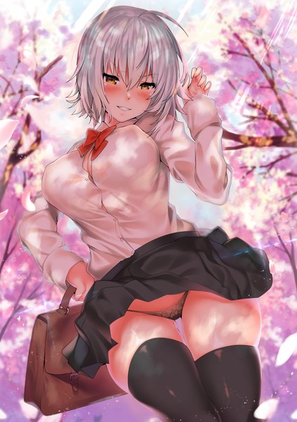 Anime picture 1416x2006 with fate (series) fate/grand order jeanne d'arc (fate) (all) jeanne d'arc alter (fate) kawai (purplrpouni) single tall image looking at viewer blush fringe short hair breasts light erotic hair between eyes large breasts standing holding yellow eyes sky cleavage