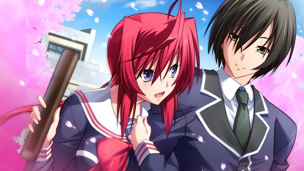 Anime picture 1024x576 with zero infinity long hair short hair open mouth blue eyes black hair wide image brown eyes game cg red hair couple girl boy uniform school uniform petals