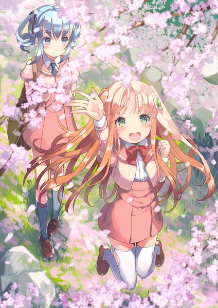Anime picture 1000x1414 with amiami (company) amico lilco yumekui long hair tall image looking at viewer blush fringe short hair open mouth blue eyes blonde hair smile twintails multiple girls green eyes payot blue hair looking away