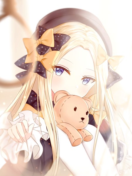 Anime picture 2244x2992 with fate (series) fate/grand order abigail williams (fate) junpaku karen single long hair tall image looking at viewer blush fringe highres blue eyes blonde hair sitting bent knee (knees) long sleeves blurry depth of field covered mouth polka dot