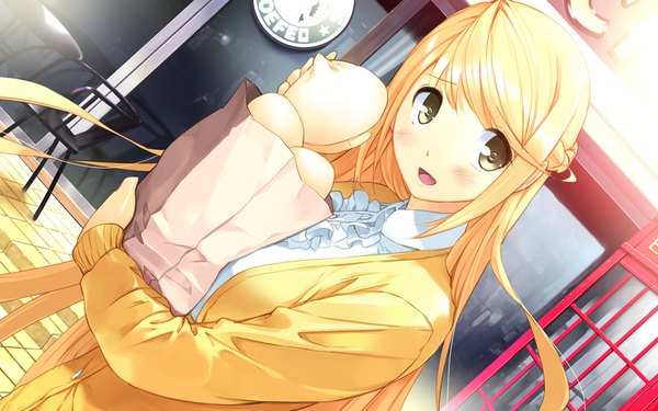 Anime picture 1024x640 with akizora ni mau confetti sakura nanami long hair open mouth blonde hair wide image green eyes game cg girl