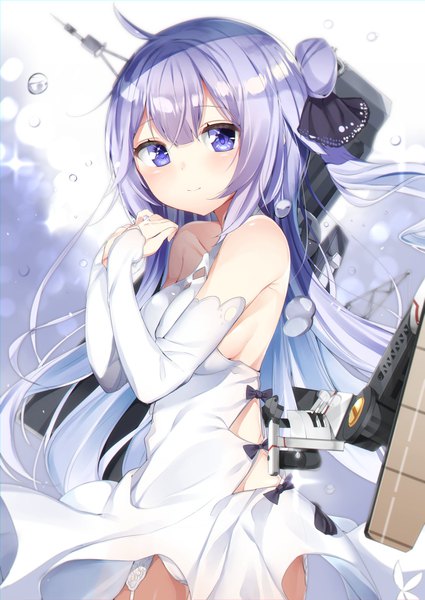 Anime picture 1500x2119 with azur lane unicorn (azur lane) kamioka shun'ya single long hair tall image looking at viewer blush breasts light erotic purple eyes bare shoulders purple hair ahoge light smile pantyshot one side up sideboob girl dress