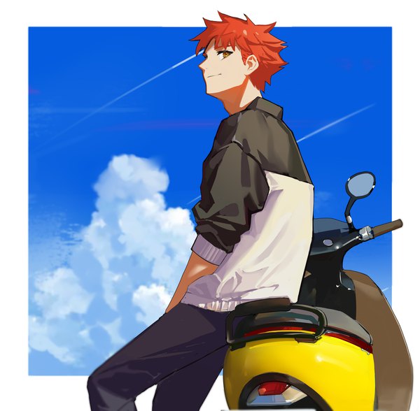 Anime picture 4480x4392 with fate (series) fate/stay night emiya shirou doris (1349745448) single highres short hair smile sitting yellow eyes absurdres sky cloud (clouds) outdoors red hair border outside border boy ground vehicle moped