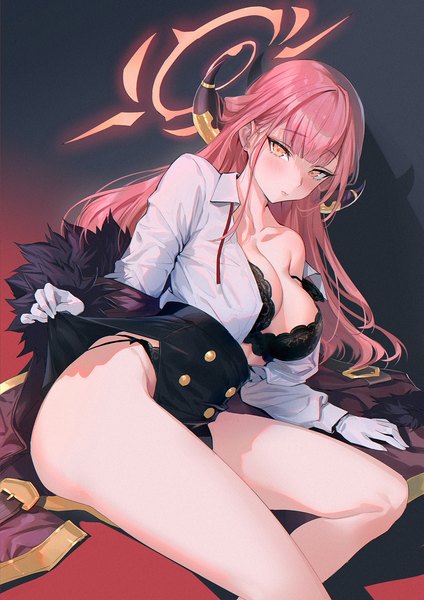 Anime picture 1131x1600 with blue archive aru (blue archive) mhk (mechamania) single long hair tall image looking at viewer blush fringe breasts light erotic simple background large breasts sitting yellow eyes pink hair bent knee (knees) blunt bangs head tilt horn (horns)