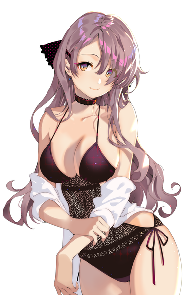 Anime picture 1404x2200 with original arutera single long hair tall image looking at viewer fringe breasts light erotic simple background smile hair between eyes large breasts standing white background purple eyes bare shoulders cleavage purple hair head tilt