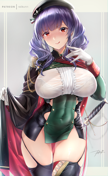 Anime picture 612x1000 with azur lane pola (azur lane) rei kun single long hair tall image looking at viewer blush fringe breasts light erotic simple background red eyes large breasts standing twintails signed payot purple hair blunt bangs
