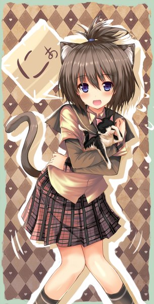 Anime picture 800x1574 with original dreamlight2000 single tall image blush short hair open mouth blue eyes brown hair animal ears tail animal tail pleated skirt cat ears cat girl cat tail girl skirt uniform school uniform