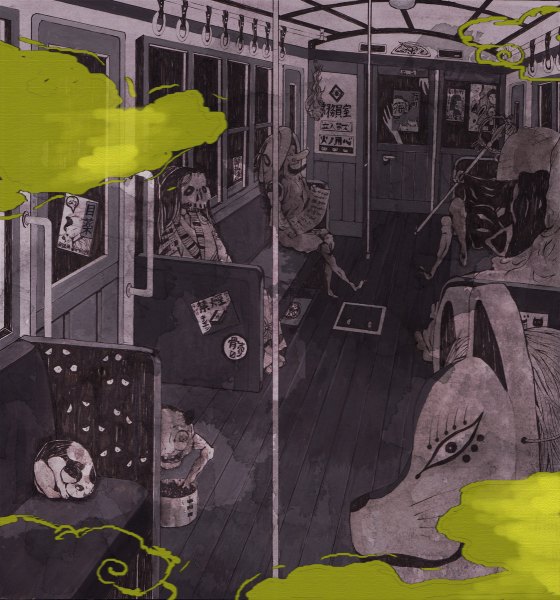Аниме картинка 1120x1200 с оригинальное изображение kubo (black-vinegar) высокое изображение сидит иероглиф дым кицунэ кот (кошка) маска череп чудовище ёкай поезд
