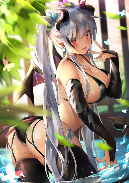 Anime picture 2894x4093 with original kyoro ina single long hair tall image looking at viewer blush fringe highres breasts open mouth light erotic smile hair between eyes red eyes large breasts twintails signed payot silver hair