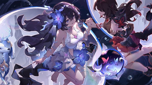 Anime picture 1800x1012 with honkai impact 3rd honkai (series) seele vollerei seele vollerei (starchasm nyx) asc11 long hair fringe highres breasts open mouth light erotic black hair hair between eyes wide image purple eyes bare shoulders multiple girls cleavage full body bent knee (knees)