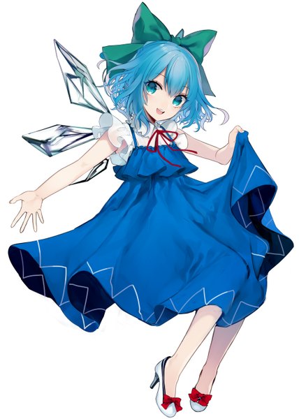 Anime-Bild 2000x2800 mit touhou cirno renkarua single tall image looking at viewer fringe highres short hair open mouth blue eyes simple background hair between eyes white background blue hair full body :d high heels adapted costume girl