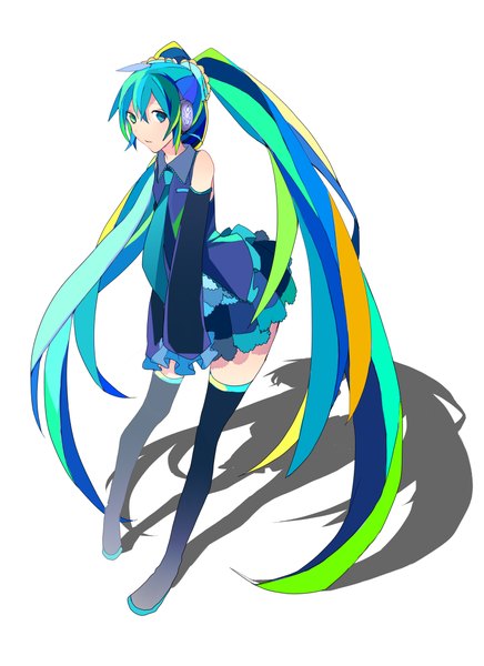 Anime picture 1600x2200 with vocaloid hatsune miku dart (hirai) single tall image simple background white background twintails bare shoulders very long hair multicolored hair heterochromia girl skirt detached sleeves miniskirt thigh boots
