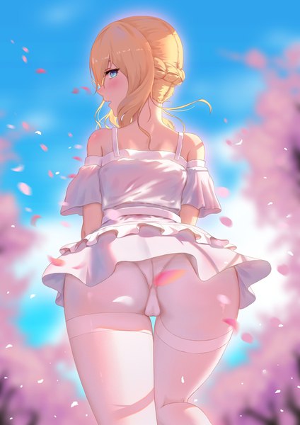 Anime picture 2480x3508 with azur lane renown (azur lane) 5555 96 single long hair tall image looking at viewer blush fringe highres open mouth blue eyes light erotic blonde hair standing bare shoulders cloud (clouds) ass outdoors braid (braids)
