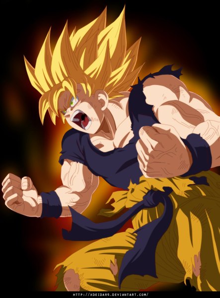 Anime picture 989x1340 with dragon ball dragon ball z son goku xdeidar4 single tall image short hair open mouth simple background blonde hair green eyes sleeveless coloring torn clothes black background muscle angry screaming boy belt