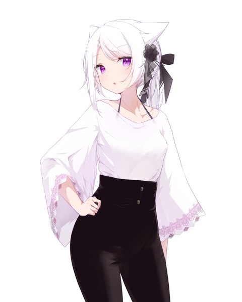 Anime-Bild 1600x2000 mit original guo582 single long hair tall image looking at viewer fringe breasts simple background standing white background purple eyes animal ears payot white hair ponytail long sleeves wide sleeves :o hand on hip