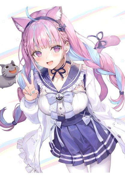 Anime picture 2406x3465 with virtual youtuber hololive minato aqua minato aqua (sailor) neko (minato aqua) momoko (momopoco) single long hair tall image blush fringe highres breasts open mouth simple background smile standing white background purple eyes animal ears