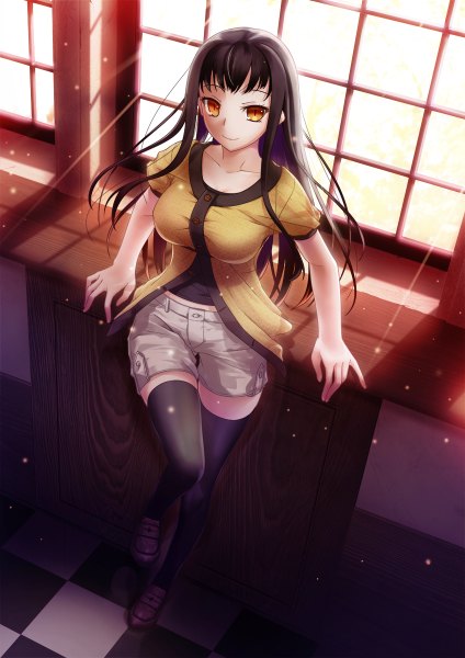 Anime picture 848x1200 with original yoshida takuma single long hair tall image looking at viewer fringe breasts black hair smile standing brown eyes yellow eyes bent knee (knees) sunlight shadow zettai ryouiki leg lift (legs lift) checkered floor sunbeam