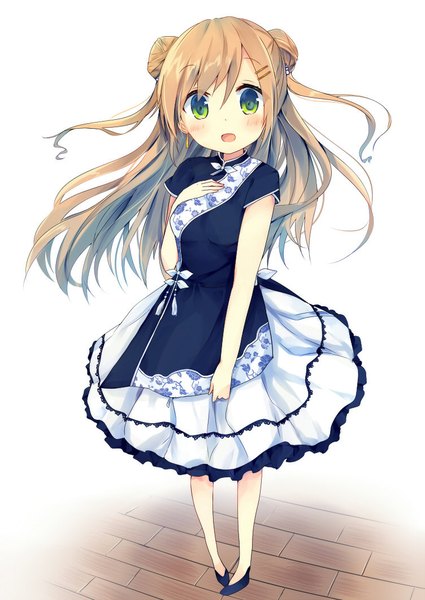 Anime picture 752x1062 with original asanagi kurumi (panda-doufu) single long hair tall image looking at viewer blush fringe open mouth simple background hair between eyes brown hair white background green eyes full body traditional clothes from above hair bun (hair buns) hand on chest chinese clothes