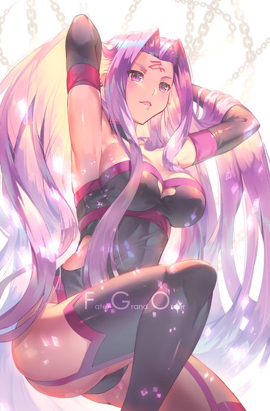 Anime picture 526x800 with fate (series) fate/grand order rider yoshimoto (dear life) single tall image breasts light erotic large breasts purple eyes looking away cleavage purple hair very long hair armpit (armpits) copyright name adjusting hair forehead mark girl thighhighs