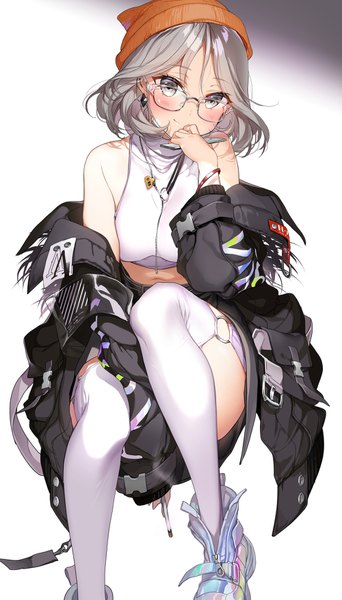Anime picture 1000x1750 with original hoshii hisa single tall image looking at viewer blush short hair simple background smile white background sitting bare shoulders holding bent knee (knees) grey hair off shoulder midriff piercing ear piercing smoke