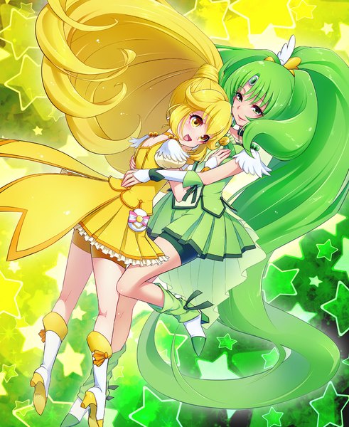 Anime picture 900x1100 with precure smile precure! toei animation kise yayoi midorikawa nao cure peace cure march yuu (derodero) long hair tall image blonde hair multiple girls green eyes yellow eyes ponytail very long hair green hair hug shoujo ai girl