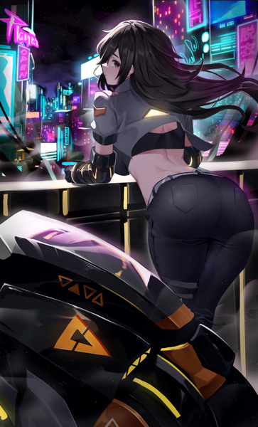 Anime picture 2600x4300 with original netural single long hair tall image looking at viewer fringe highres light erotic black hair standing outdoors ass profile looking back wind black eyes night leaning leaning forward