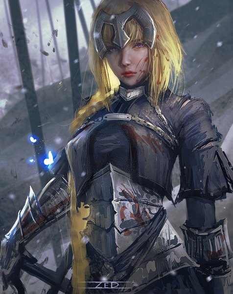Anime picture 1256x1583 with fate (series) fate/grand order fate/apocrypha jeanne d'arc (fate) (all) jeanne d'arc (fate) zed single long hair tall image looking at viewer fringe breasts blonde hair purple eyes signed outdoors braid (braids) lips realistic torn clothes