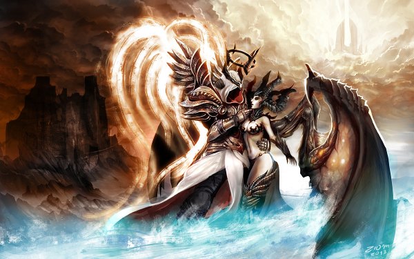 Anime picture 1200x750 with diablo (game) blizzard entertainment ziom05 light erotic standing cloud (clouds) horn (horns) couple demon girl angel wings demon wings angel girl boy wings armor hood halo collar