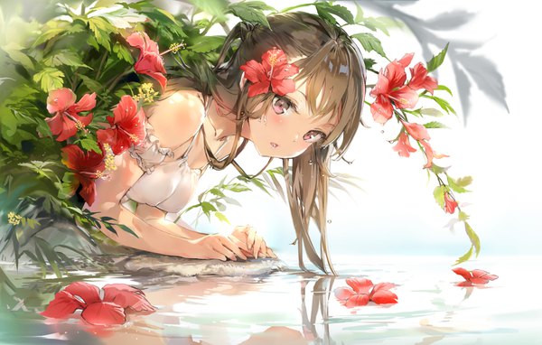 Anime picture 1500x955 with original anmi single long hair looking at viewer blush fringe breasts open mouth simple background brown hair pink eyes hair flower wet reflection girl flower (flowers) plant (plants) water leaf (leaves)
