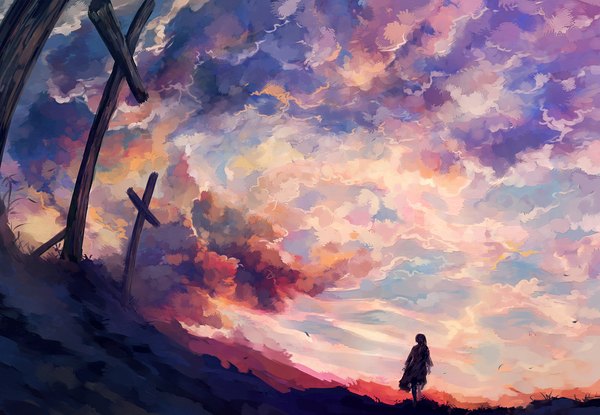 Аниме картинка 1100x761 с оригинальное изображение nuriko-kun (artist) один (одна) длинные волосы смотрит в сторону небо облако (облака) пейзаж идёт восход девушка платье лепестки крест