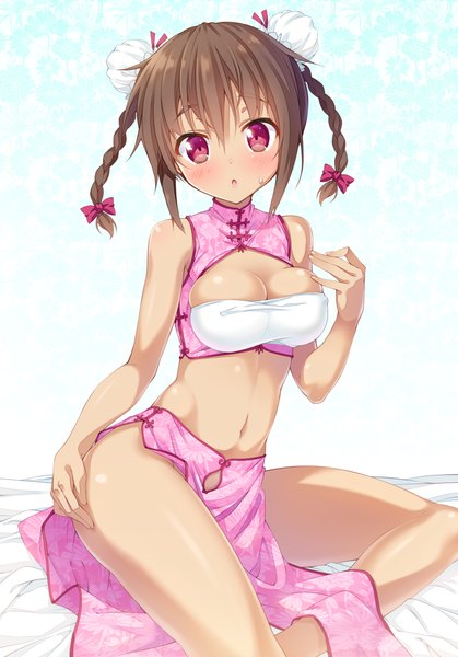 Anime picture 698x1000 with original ichi makoto single tall image looking at viewer blush short hair breasts open mouth light erotic red eyes brown hair bare shoulders braid (braids) hair bun (hair buns) girl navel