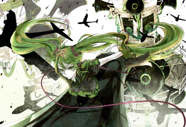 Anime picture 1200x825 with vocaloid koi wa sensou (vocaloid) hatsune miku itou (artist) long hair twintails green eyes very long hair green hair girl gloves wire (wires) aircraft airplane megaphone