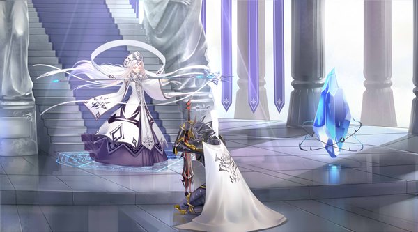 Anime picture 3507x1947 with original sptuel long hair highres wide image purple eyes full body white hair indoors kneeling floating hair magic face paint knight girl weapon sword headdress armor staff