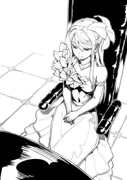 Anime picture 1400x1980 with kuro no shoukanshi shutora trycen kurogin single long hair tall image fringe breasts smile hair between eyes sitting bare shoulders payot looking away indoors hair flower from above official art monochrome novel illustration