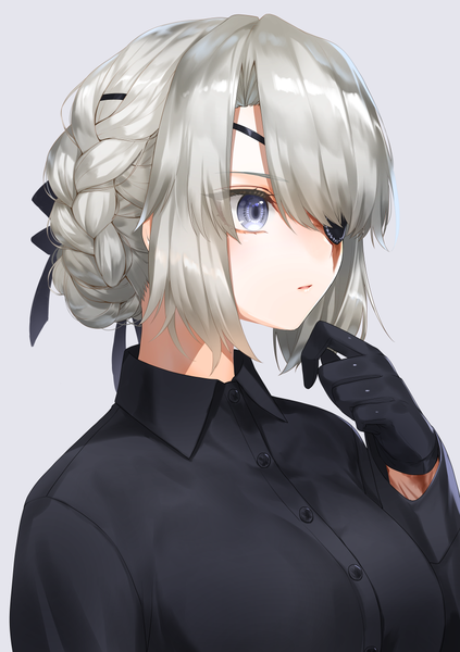 Anime picture 900x1275 with original lydia macarthur waka (shark waka) single tall image fringe short hair breasts blue eyes simple background looking away silver hair upper body braid (braids) long sleeves arm up hair over one eye grey background portrait scar