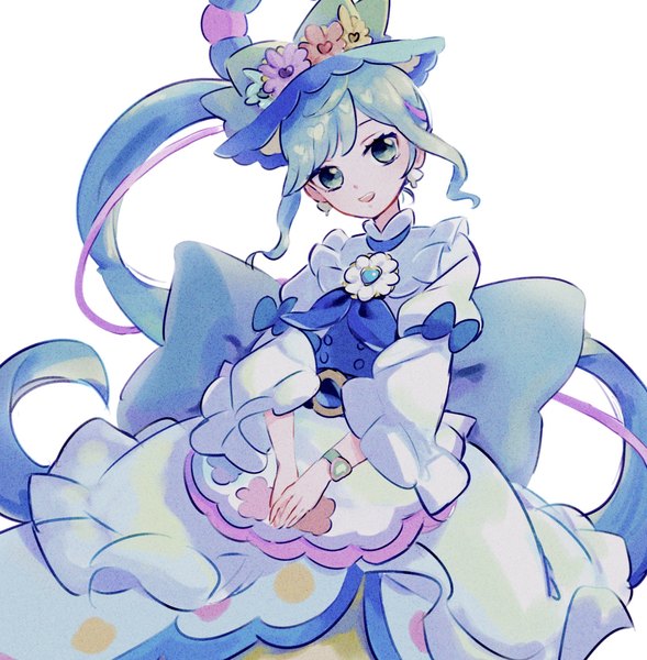 Anime picture 1632x1663 with precure delicious party precure toei animation fuwa kokone cure spicy ishida30 single tall image looking at viewer open mouth simple background white background very long hair head tilt :d aqua eyes aqua hair side ponytail magical girl girl
