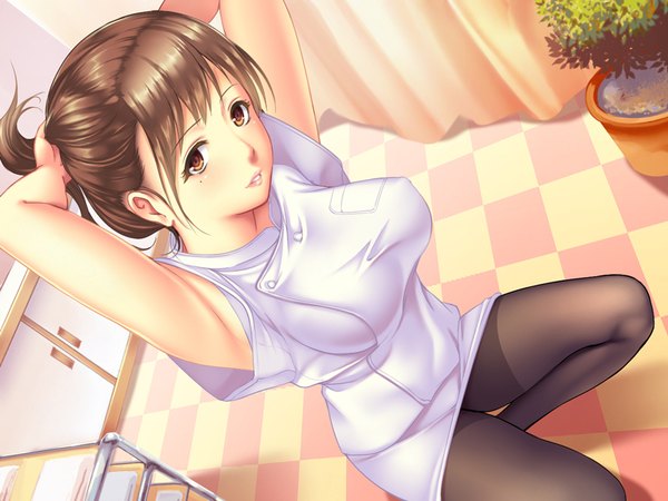 Anime picture 800x600 with original amasa-hikae single looking at viewer short hair breasts light erotic brown hair sitting brown eyes girl pantyhose