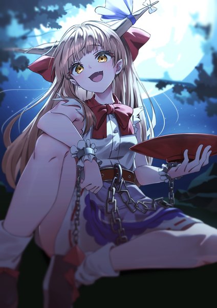 Anime picture 1448x2048 with touhou ibuki suika wanko sora single long hair tall image looking at viewer open mouth blonde hair sitting yellow eyes head tilt :d horn (horns) pointy ears night sleeveless girl moon chain
