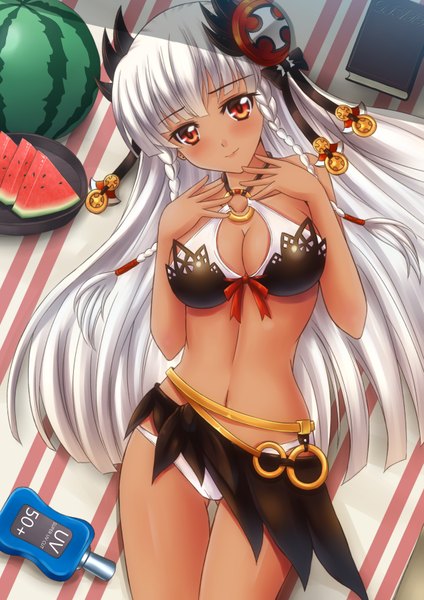 Anime picture 2480x3507 with puzzle & dragons valkyrie (p&d) sawwei005 single long hair tall image blush highres breasts light erotic red eyes white hair tan girl navel hair ornament swimsuit bikini food berry (berries)