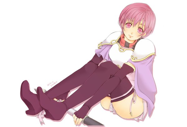 Anime picture 1000x684 with fire emblem est yunako (artist) single looking at viewer short hair light erotic simple background white background pink hair pink eyes light smile girl thigh boots