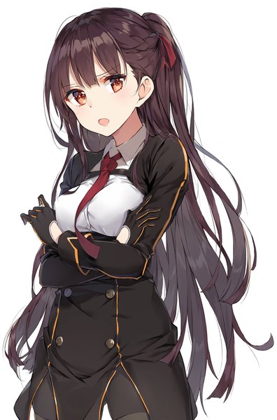 Anime picture 1353x2048 with girls frontline wa2000 (girls frontline) rikoma single long hair tall image fringe open mouth simple background brown hair white background looking away braid (braids) :o orange eyes one side up crossed arms tsurime >:o girl