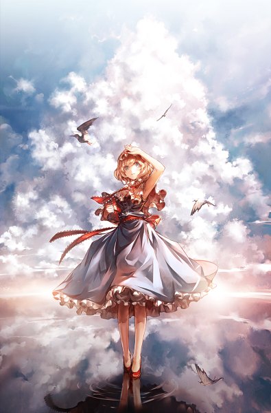 Anime picture 790x1200 with touhou alice margatroid kozou single tall image looking at viewer short hair blue eyes blonde hair looking away sky reflection girl dress animal water shoes frills bird (birds) book (books)