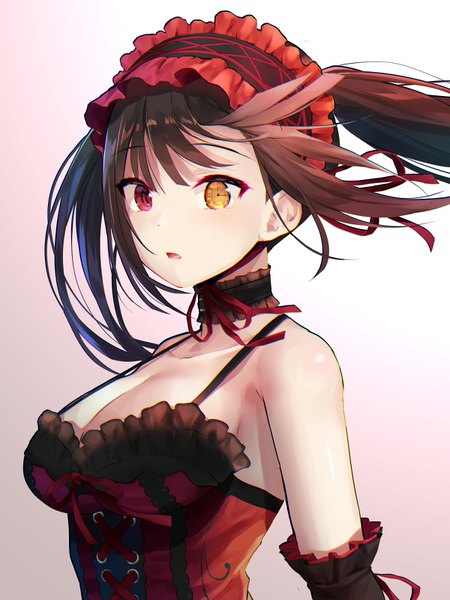 Anime picture 1200x1600 with date a live tokisaki kurumi oekakizuki single long hair tall image blush fringe breasts open mouth light erotic black hair simple background hair between eyes red eyes large breasts bare shoulders yellow eyes looking away cleavage